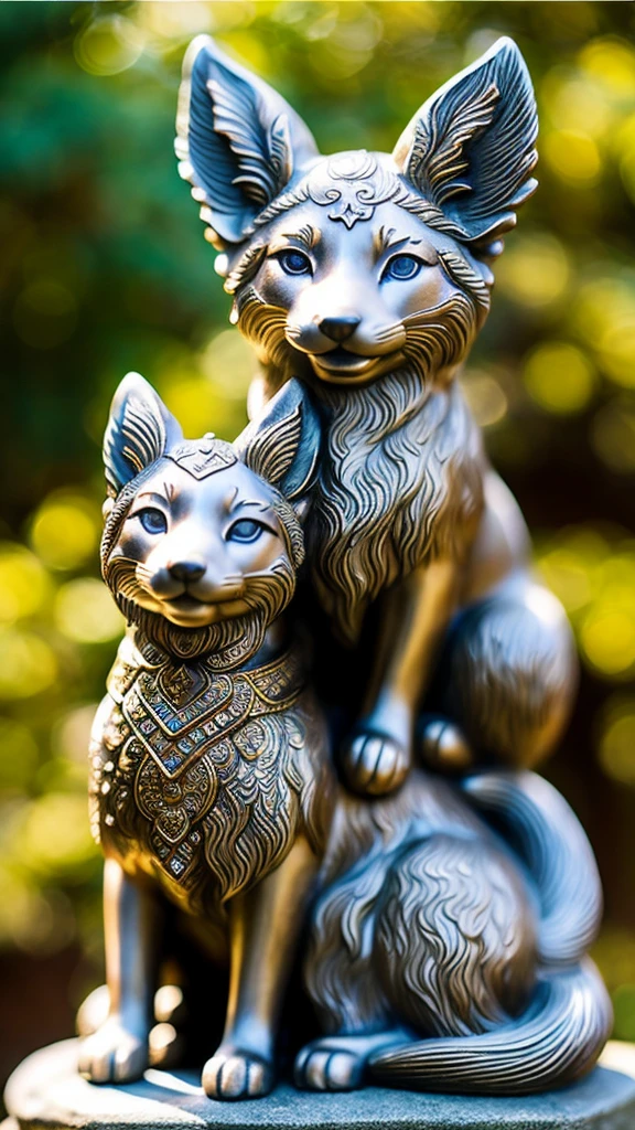 high quality、Traditional Asian architecture in the background、Pointed Ears、god々Shii、Animals１Animals only、Impressive、Textured fur pattern、looking at the camera、Stone statue、Real、動きそうなStone statue、9 tails、Have a keen eye、Create an exquisitely detailed stone fox sculpture with life-like features。