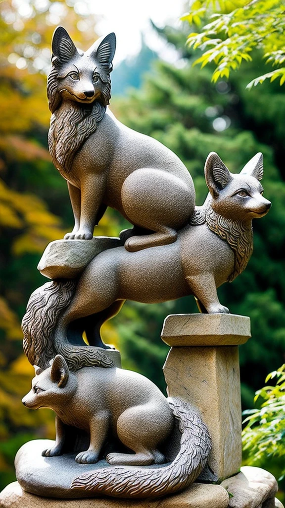 high quality、Traditional Asian architecture in the background、Pointed Ears、god々Shii、Animals1Animals only、Impressive、Textured fur pattern、looking at the camera、Stone statue、Real、動きそうなStone statue、9 tails、Have a keen eye、Create an exquisitely detailed stone fox sculpture with life-like features。