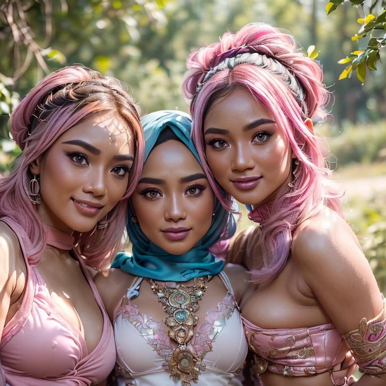 (((Malay prostitute, Malay gorgeous, Malay beauties))), 3girls, Look at viewer (((3 womans:1.5))) (((3 womans:1.5, womans standing full naked and nudes))) (((Perfect hijab))) (((blurry background, eye focus, cowboy shot, island beach background, facing front, dramatic light, cinematic light, realistic, realism))) ((Standing:1.5 (((NSFW Girlsis naked and nude, pink tit's))), Realistic, 3 malay girls, hijab, face enhancement, face extra large zoom, selfie, look up, stare at me, cleavage emphasis, smile, sit on bed, wear pastel color Lace Satin Cami Night Dress, Aesthetics of the female body in hijab, Serene setting, Sunlight filtering through leaves, Beautifully detailed clothing, intricate hijab patterns, Cultural immersion, Ethnic diversity, Feminine elegance. 3D Octane rendering, ray tracing, super detailing viewer, close-up.Malay girl with hijab, Eye makeup (((highest quality)), (super detailed), 2 girls, (iridescent hair, colorful hair, half blue and half pink hair: 1.2), (Gorgeous Malay Girls: 1.2), outdoor, bangs, smile, sky blue eyes, perfect hands, perfect hands, hand details, corrected fingers. Earrings, big breasts, high quality, ultra detail, 8k, action pose, cinematic lighting, lot of smoke effect, dramatic action, fighting pose, style raw, 35mm lense, low angle Shot, Deep Focus cinematography effect, Natural Lighting, cool-toned color grading, high quality, ultra detail, 8k resolution, using Canon EOS C700, Best quality, high resolution, Masterpiece: 1.3, Beautiful Malay hijab girl, Masterpiece, Soft smile, Realistic, Charming eyes, Glowing eyes, Parted lips, Modest attire, Malay traditional hijab, graceful figure, Aesthetics of the female body in hijab, Serene setting, Sunlight filtering through leaves, Beautifully detailed clothing, intricate hijab patterns, Cultural immersion, Ethnic diversity, Feminine elegance. 3D Octane rendering, ray tracing, super detailing viewer, close-up.Malay girl with hijab, Eye makeup (((highest quality)), (super detailed),