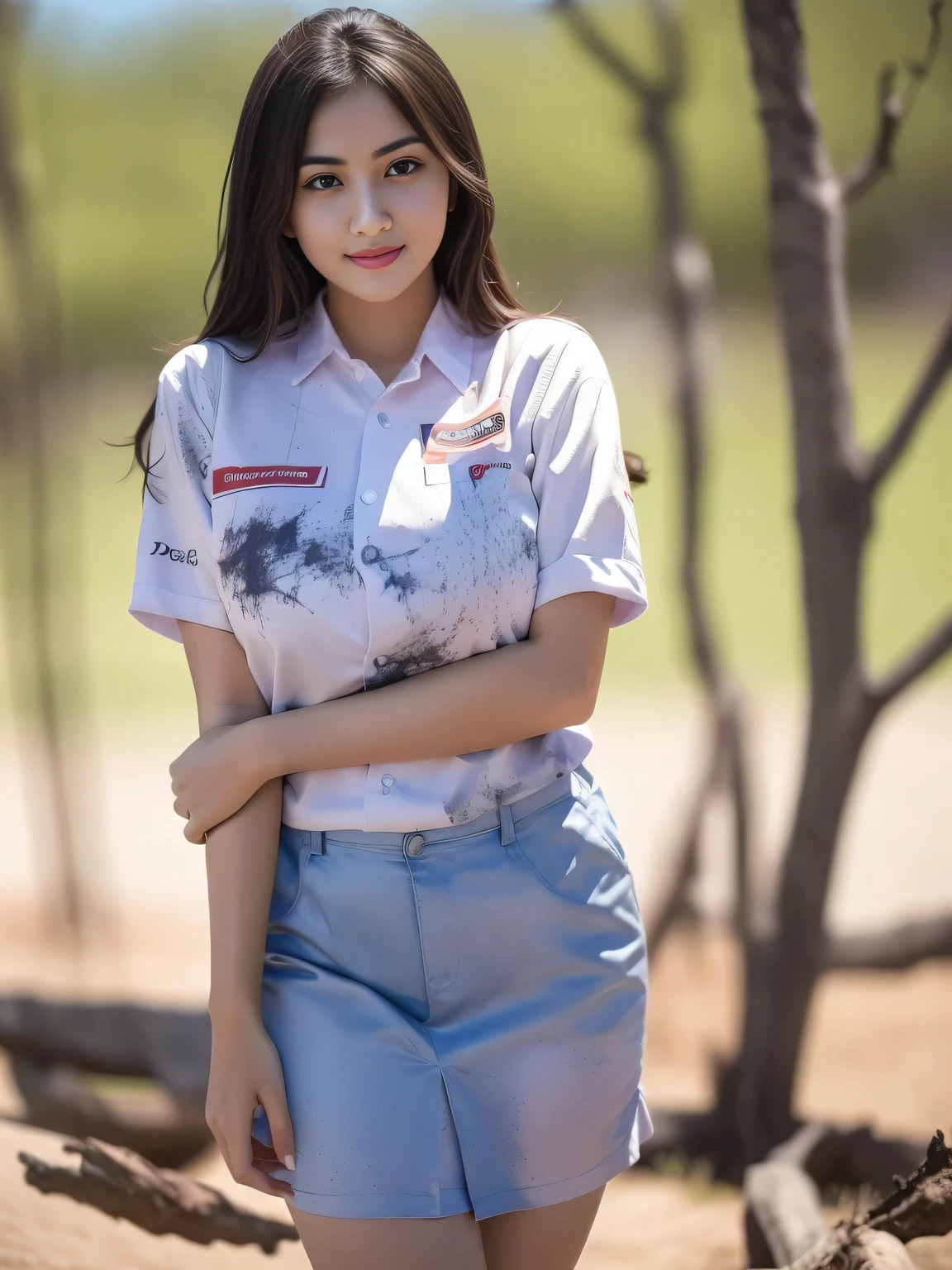 1girl, (uniform_doodle), standing, outdoors, detailed face, detailed eyes, huge breasts, shiny skin, looking at the audience,(8k, RAW photo, best quality, masterpiece: 1.2), (realistic, realistic: 1.37), ultra-high resolution