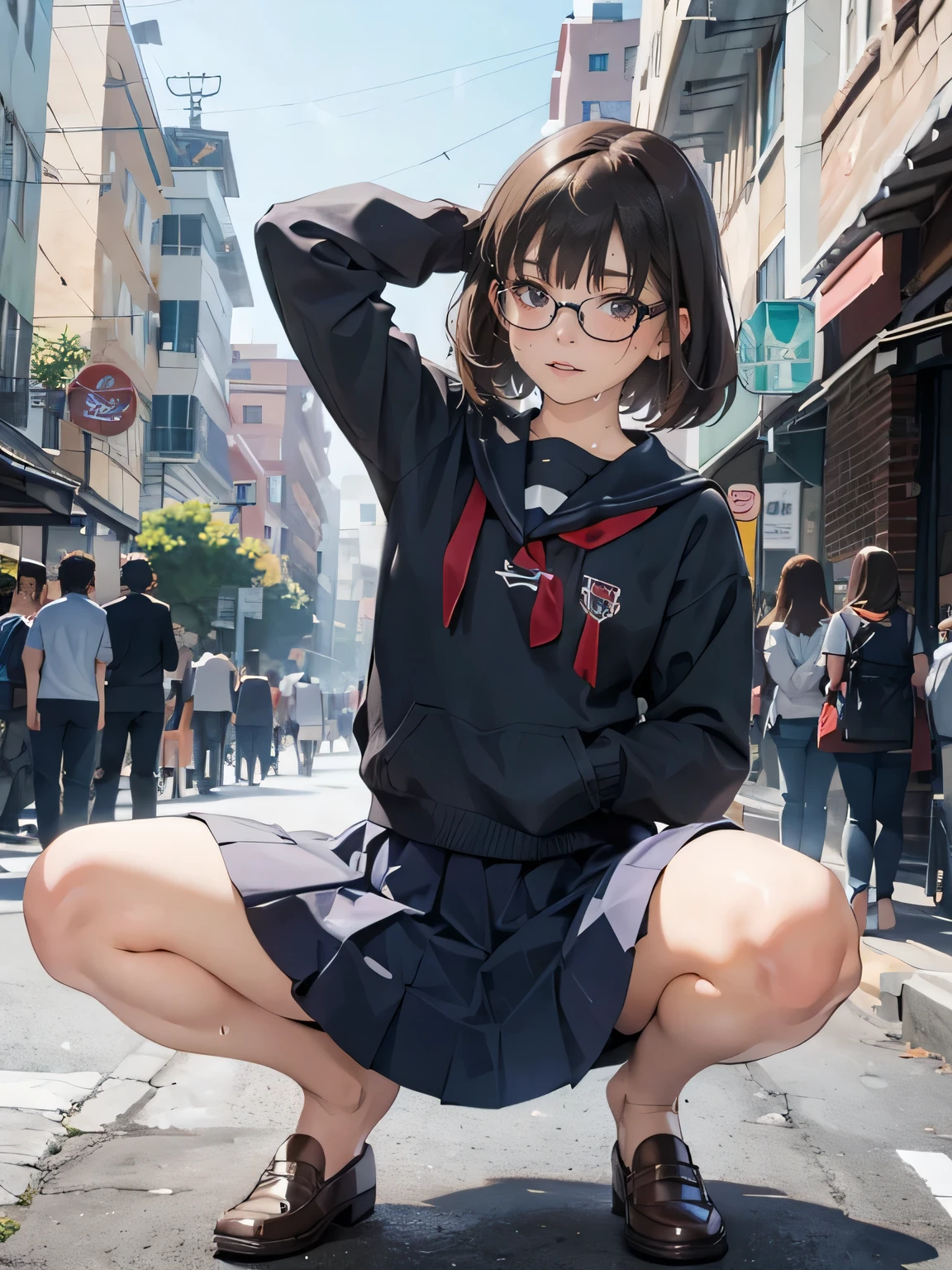 (Ultra flat, Flat Shading), Honors Type, Really blushing, , high school girl, Wearing a long sleeve shirt and a checkered pleated mini skirt, Short bob cut brown hair, Glasses, Sweaty healthy body, Mesgaquismiles, barefoot, loafers, Ultra-realistic, early morning, Breeze Skirt Lift, (Spread your legs:1.0), (squat), in crowded street, 