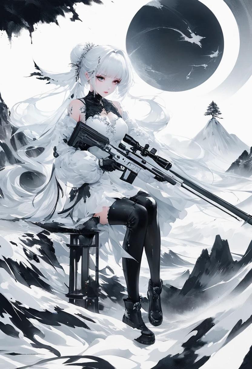 (Lots of white space:1.5)，(Lots of white space around:1.6), White background, simple, Minimalism, Abstract,Mode，Aesthetic，black and white，Ink Painting，，a mountain，Sniper from a distance，Holding a huge sniper rifle，一幅Abstract的艺术插图, author：Li Song, Arte no estilo de Gu Weiss, Shin Jin Hye, Obra-prima de Gu Weiss, Ross Figure 1. 0, Beautiful digital illustrations, Inspired by Non-WLOP, simple數位藝術, jingna zhang, Gu Weiss, Stunning digital illustrations