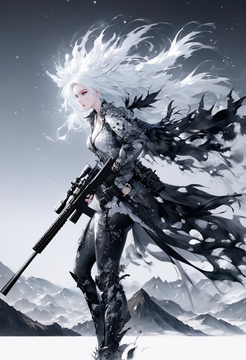(Lots of white space:1.5),(Lots of white space around:1.6), White background, simple, Minimalism, Abstract,Mode,Aesthetic,black and white,Ink Painting,,a mountain,Sniper from a distance,Holding a huge sniper rifle,一幅Abstract的艺术插图, author:Li Song, Arte no estilo de Gu Weiss, Shin Jin Hye, Obra-prima de Gu Weiss, Ross Figure 1. 0, Beautiful digital illustrations, Inspired by Non-WLOP, simple數位藝術, jingna zhang, Gu Weiss, Stunning digital illustrations