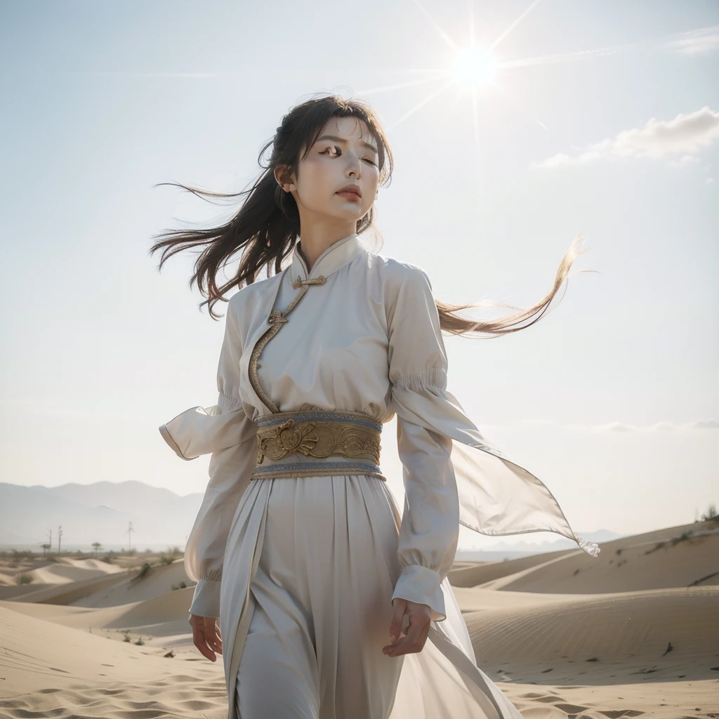 Dunhuang Flying Sky, Realistic, Vista, Intricate Details, Ultra Detailed, Natural Skin Texture, Surrealism, Sharp, 1 Girl, Hair Bundle, Bun, Model in Dunhuang Costume, Clothes with Four Very Thin Delicate Streamers, Fairy, White Mist, Golden Light, Outdoors, Delicate Facial Details, Style Influenced by Ancient Chinese Art, Elegant Balance, Desert, Dunhuang, Elaborate Landscape, Global Illumination, Zhang Yimou - AR 16:9 - Q 2 - V 5.1, (strong wind: 1.5), shunguang (sunlight on the body: 1.3), (strong wind: 1.1), (strong wind: 1.5), (closed eyes: 1.5), complex, high detail, sharp focus, dramatic, photorealistic painting art,