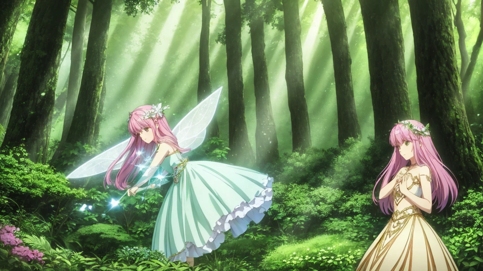 A young fairy girl in a beautiful, mystical forest. She has delicate wings that sparkle with light, and her hair is long and flowing. She wears a dress made of flower petals and leaves, and her expression is curious and joyful. The forest around her is lush with vibrant green foliage, tall ancient trees, and colorful flowers. Soft, magical light filters through the trees, casting a dreamy glow on the scene. The fairy girl is surrounded by a gentle aura of light, enhancing the enchanting atmosphere.