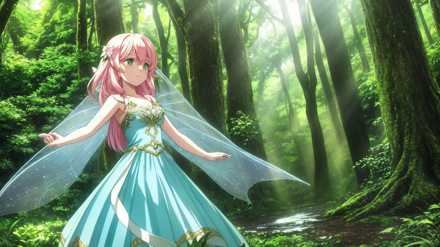 A young fairy girl in a beautiful, mystical forest. She has delicate wings that sparkle with light, and her hair is long and flowing. She wears a dress made of flower petals and leaves, and her expression is curious and joyful. The forest around her is lush with vibrant green foliage, tall ancient trees, and colorful flowers. Soft, magical light filters through the trees, casting a dreamy glow on the scene. The fairy girl is surrounded by a gentle aura of light, enhancing the enchanting atmosphere.