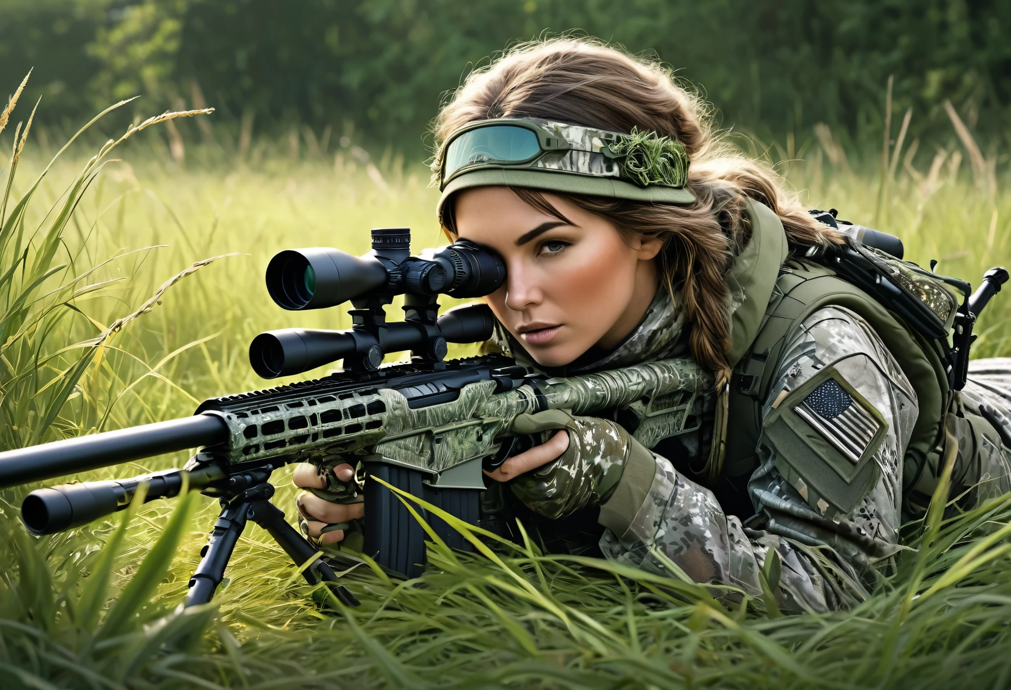 An illustration of a female sniper in a ghillie suit lying face down with a sniper rifle in the grass, peering through the scope; a large sniper rifle that is almost the same height as the sniper; a sniper rifle with an intricate detailed luminescence pattern; an oversized scope; a bipod;, best composition, Masterpiece, Best Quality, high Detailes, intricate details, intricate detail texture,