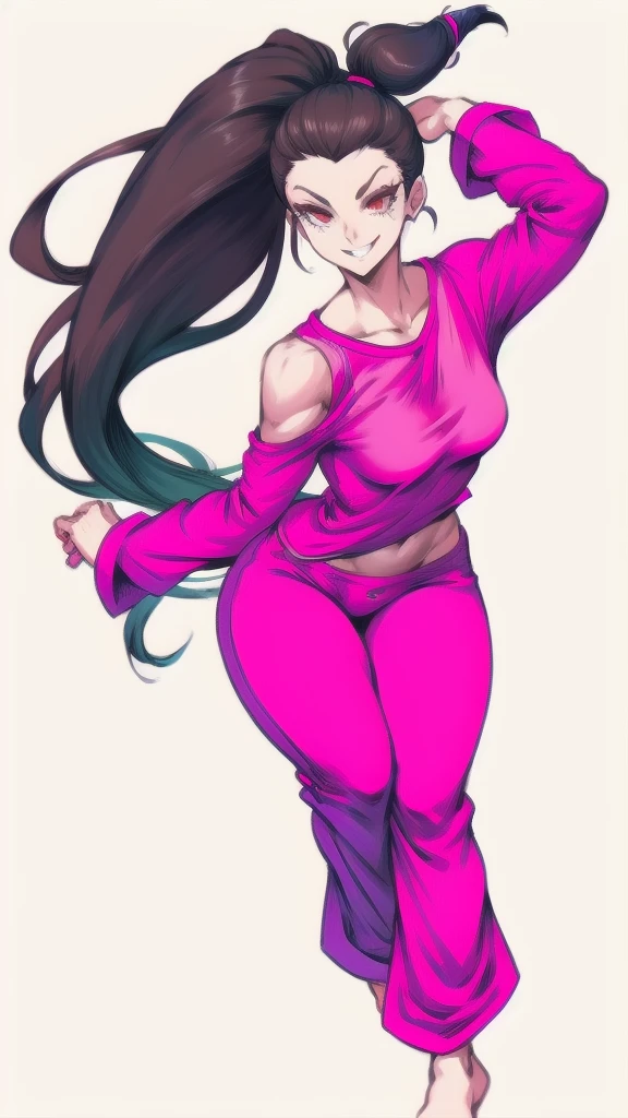 Full body image of Juri Han from Street Fighter 6, full body in image, wearing a pink pajama set (long-sleeve top and pants), long dark hair with side ponytail, female body, slender and athletic body, dynamic pose showing a relaxed yet playful demeanor, detailed pose, simple background, expressive face showing a mischievous smile, focus on face, line art, sketch