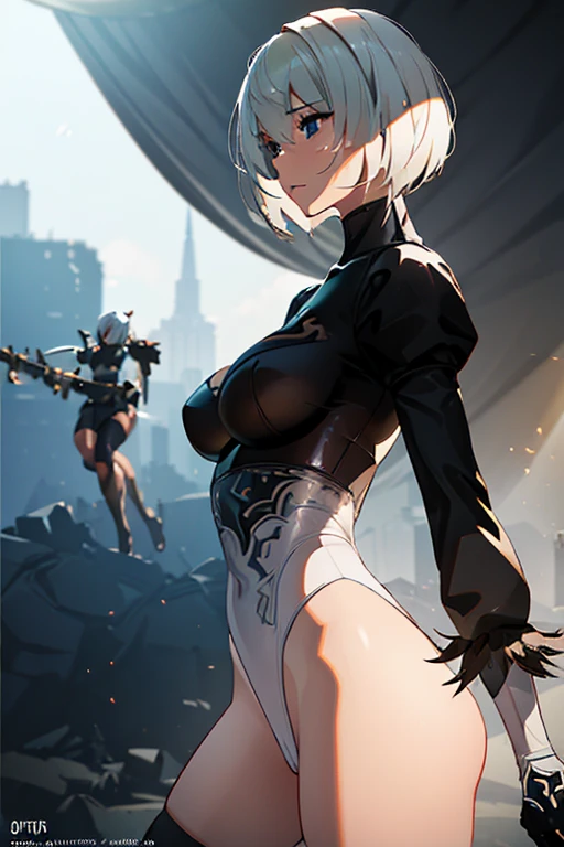 1 girl, 2B o rim:Automata, gazing at viewer, posture of fight, without mask on face, cinematic lighting, shine light, silhuette, ultra HD, work of art, anatomically correcte, texturized skin, best qualityer, high resolution, best qualityer, uhd, retina, masterpiece, accurate, anatomically correct, textured skin, super detail, high details, high quality, award winning, best quality, 1080P