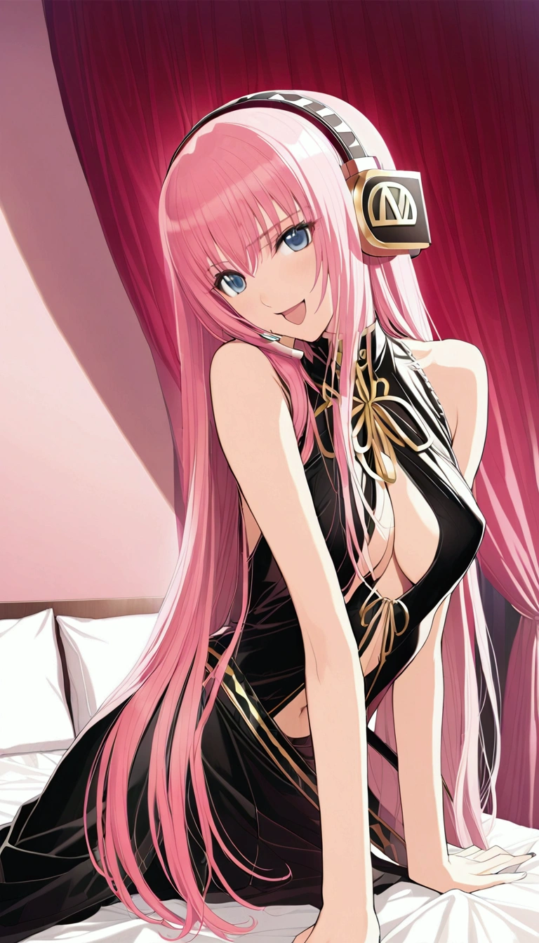 masterpiece,Detailed and beautiful depiction 1.1,Official Art,Beautiful adult woman ,Megurine Luka,Megurine Lukaの公式衣装,headphone,Black costume with gold decoration,Pink long hair,blue eyes,smile,Open your mouth,Mr.々A seductive pose,Bedroom