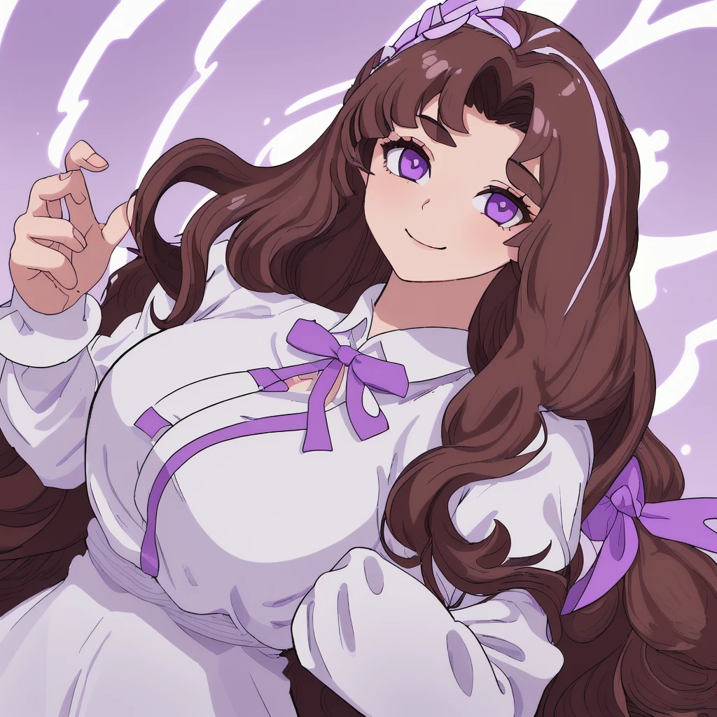 Female in her 20s, long brown hair, wavy hair, large light purple ribbon on top of head, pompadour bangs, white skin tone, holding mirror in left hand, right hand on cheek, wearing white blouse, close-up of face, smiling