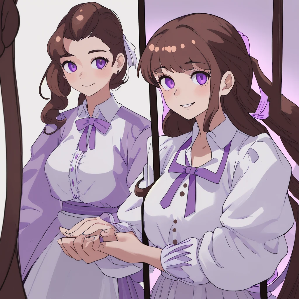 Female in her 20s, long brown hair, wavy hair, large light purple ribbon on top of head, pompadour bangs, white skin tone, holding mirror in left hand, right hand on cheek, wearing white blouse, close-up of face, smiling