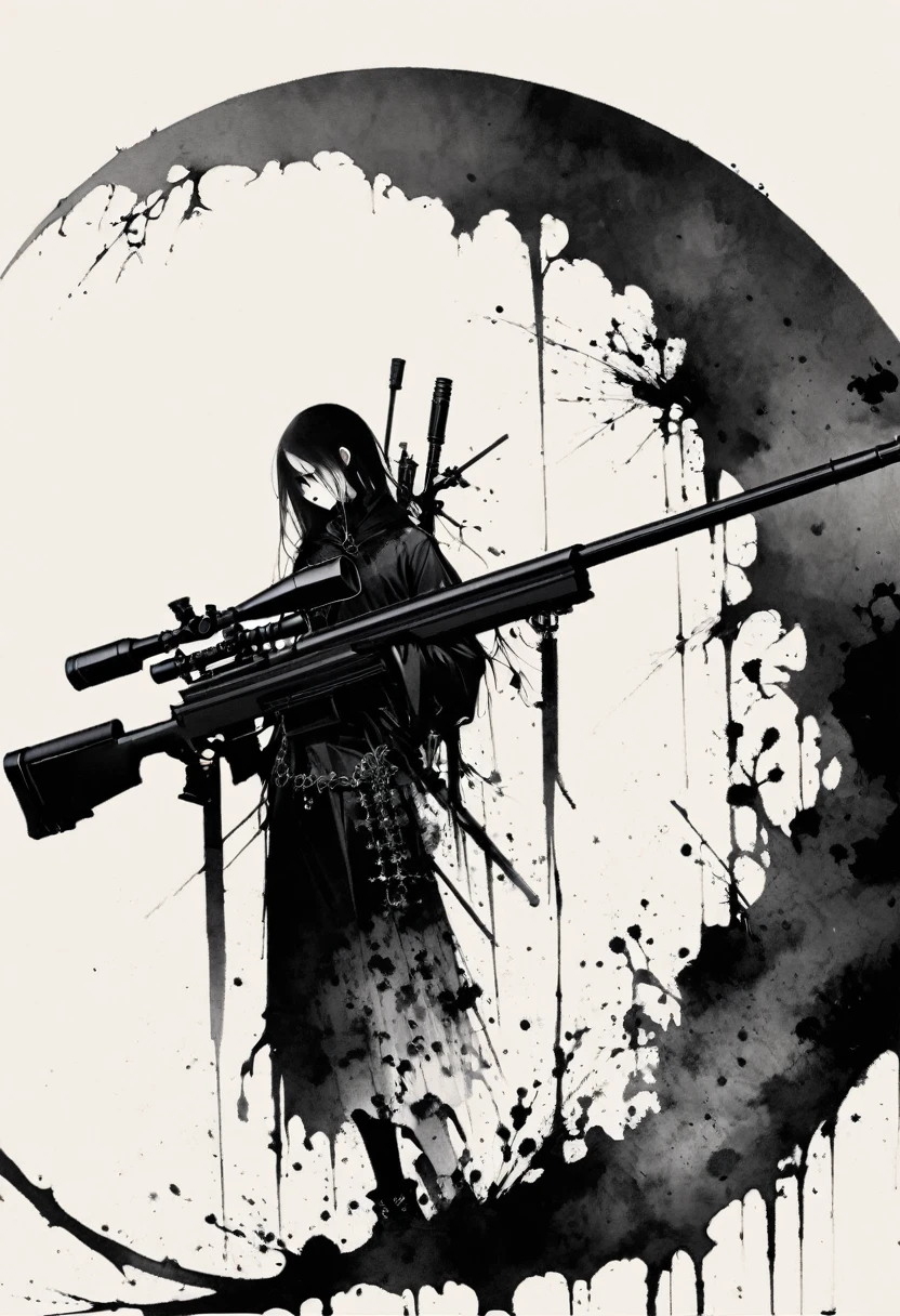 Grim Sniper,Holding a huge sniper rifle,Gothic,Minimalism,Linear Theory,Lots of white space,Ink Painting,Abstract,