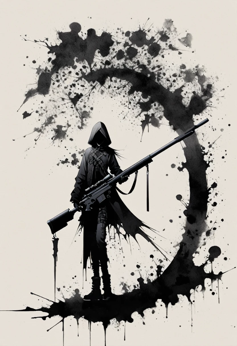 Grim Sniper,Holding a huge sniper rifle,Gothic,Minimalism,Linear Theory,Lots of white space,Ink Painting,Abstract,
