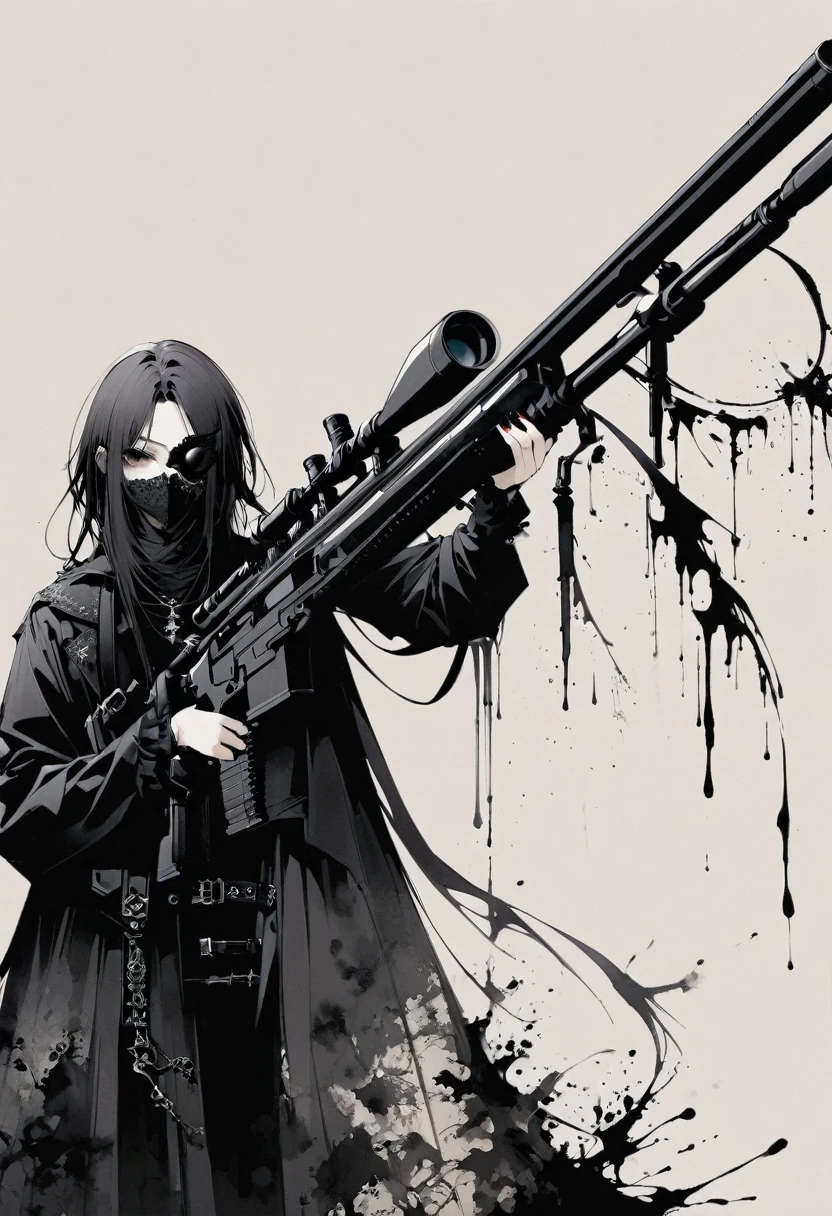 Grim Sniper,Holding a huge sniper rifle,Gothic,Minimalism,Linear Theory,Lots of white space,Ink Painting,Abstract,