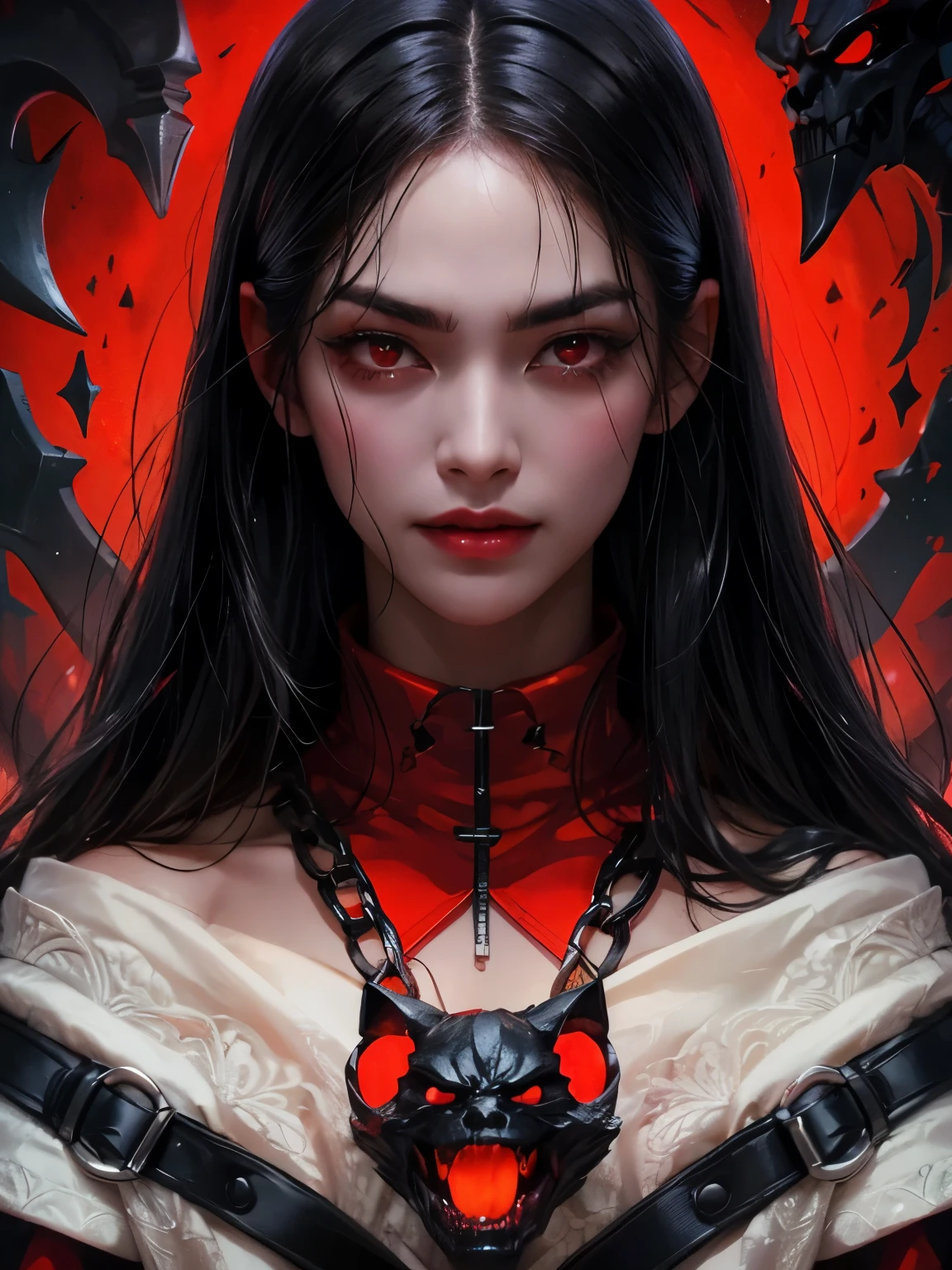 evil devil face card, black skin, long black straight hair, red evil eye, muscular body