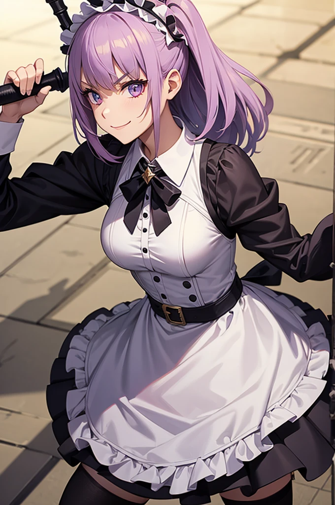 1girl, solo, battle maid, holding mace, evil smile,