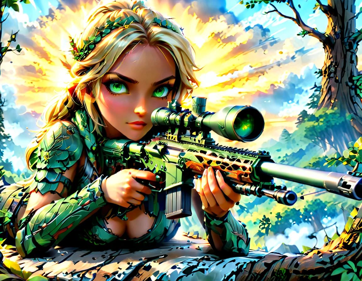 a portrait picture of a 1single female elf sniper, lying on a tree branch aiming a sniper rifle, an exotic beautiful elf sniper, blond hair, braided hair, intense green eyes, ultra detailed face, small pointed ears, forest camouflage cloths, on top of a epic fantasy tree, aiming a Barret M82, fantasy fores background, its sunset, sun rays, some clouds,  (full body shot: 1.1) , vibrant, Ultra-high resolution, High Contrast, (masterpiece:1.5), highest quality, Best aesthetics), best details, best quality, highres, ultra wide angle, 16k, [ultra detailed], masterpiece, best quality, (extremely detailed) Sniper Rifle, Intense gaze
