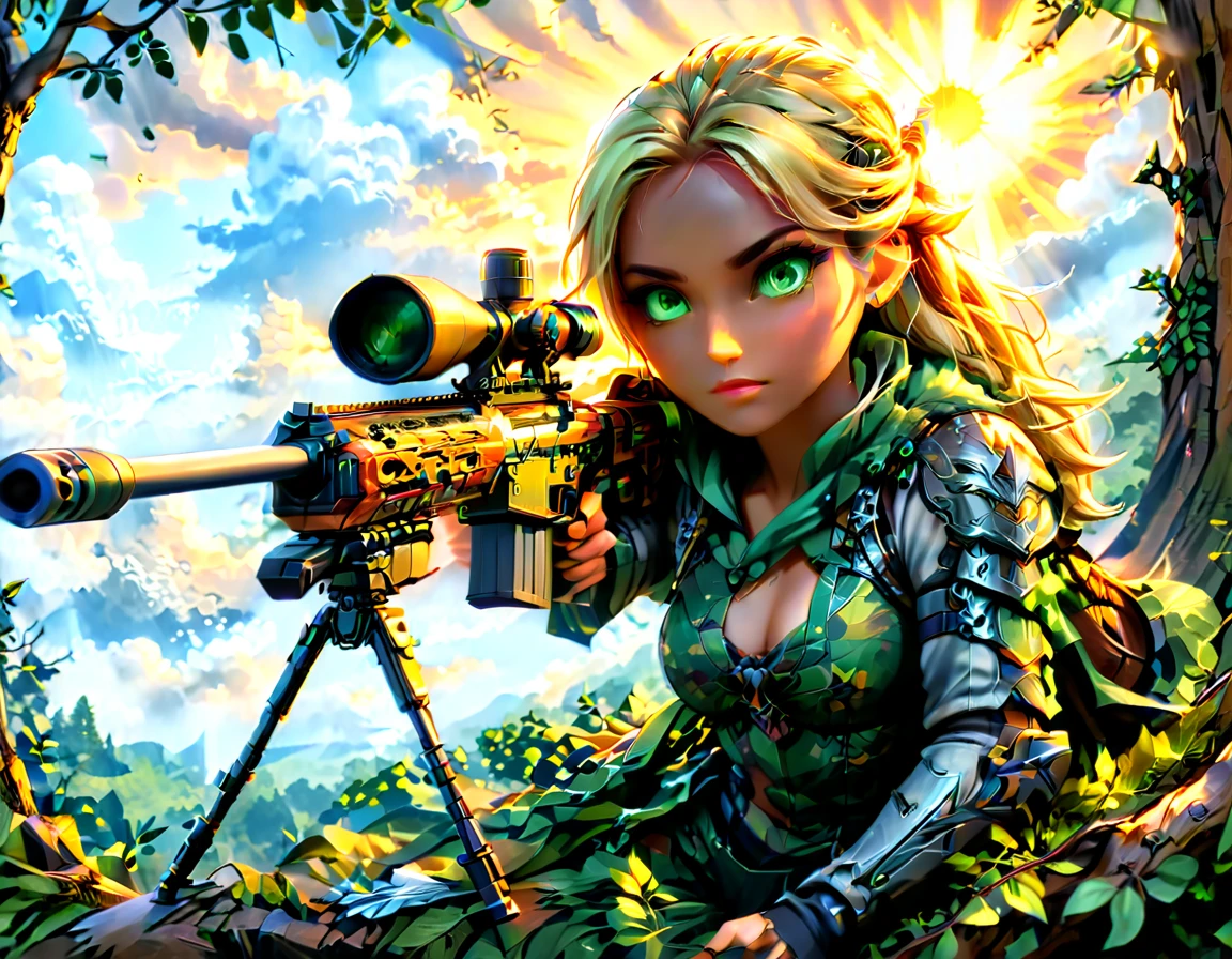 a portrait picture of a 1single female elf sniper, lying on a tree branch aiming a sniper rifle, an exotic beautiful elf sniper, blond hair, braided hair, intense green eyes, ultra detailed face, small pointed ears, forest camouflage cloths, on top of a epic fantasy tree, aiming a Barret M82, fantasy fores background, its sunset, sun rays, some clouds,  (full body shot: 1.1) , vibrant, Ultra-high resolution, High Contrast, (masterpiece:1.5), highest quality, Best aesthetics), best details, best quality, highres, ultra wide angle, 16k, [ultra detailed], masterpiece, best quality, (extremely detailed) Sniper Rifle, Intense gaze
