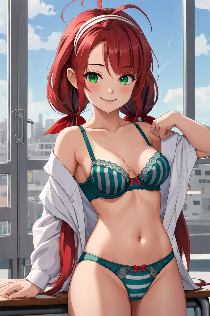 highest quality, masterpiece, High resolution, alone, {Jiang Feng Kai Er_Fleet Collection:1.15}, length_hair, red_hair, ribbon, hairband, hair_ribbon, 前hair, Ahoge, twin tails, side lock, low_twin tails, asymmetrical_hair, very long hair, smile, green_eye, classroom background, hair_flap, 1 girl, (panties),(bra), Striped underwear