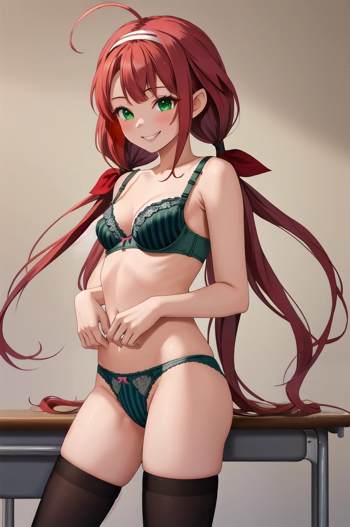 highest quality, masterpiece, High resolution, alone, {Jiang Feng Kai Er_Fleet Collection:1.15}, length_hair, red_hair, ribbon, hairband, hair_ribbon, 前hair, Ahoge, twin tails, side lock, low_twin tails, asymmetrical_hair, very long hair, smile, green_eye, classroom background, hair_flap, 1 girl, (panties),(bra), Striped underwear