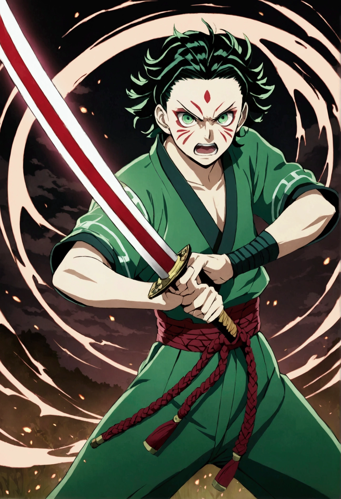One guy, Kimetsu no Yaiba, katana, toxic breathing style, green clothes, green eyes, sword slash, green sword aura, night backround, fixed arms, detailed arms, detailed katana, human version, toxic aura swing, clip, anime scene, movement capture, mascular body, fighting scene, mad face