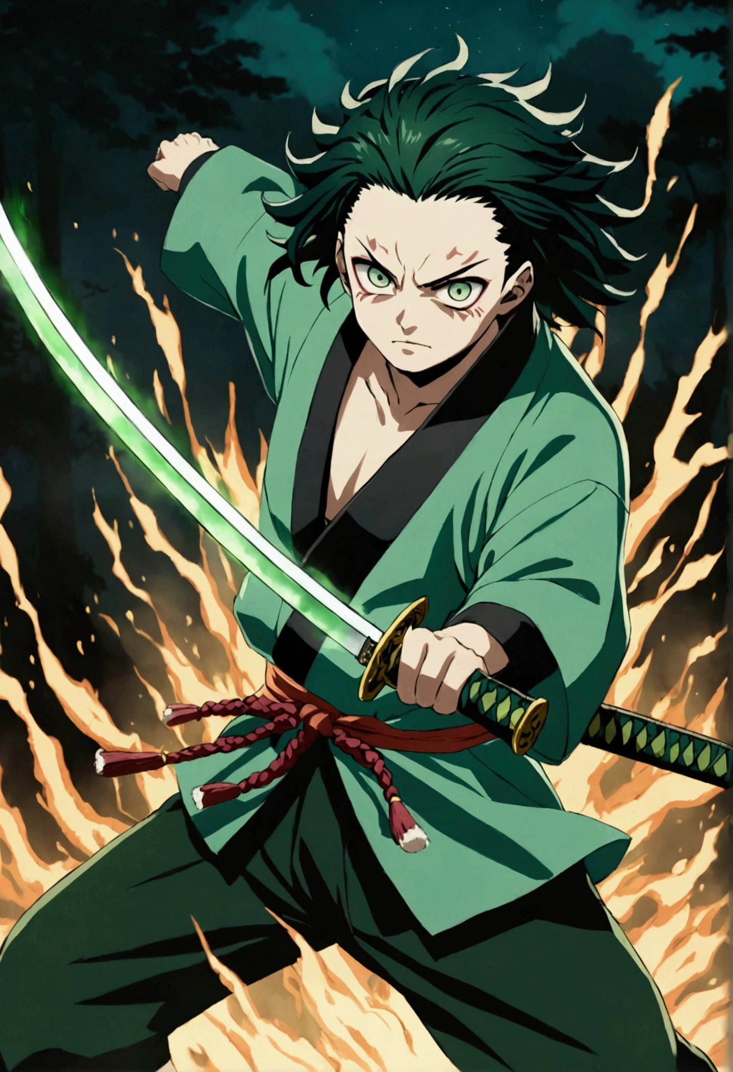 One guy, Kimetsu no Yaiba, katana, toxic breathing style, green clothes, green eyes, sword slash, green sword aura, night backround, fixed arms, detailed arms, detailed katana, human version, toxic aura swing, clip, anime scene, movement capture, mascular body, fighting scene, mad face