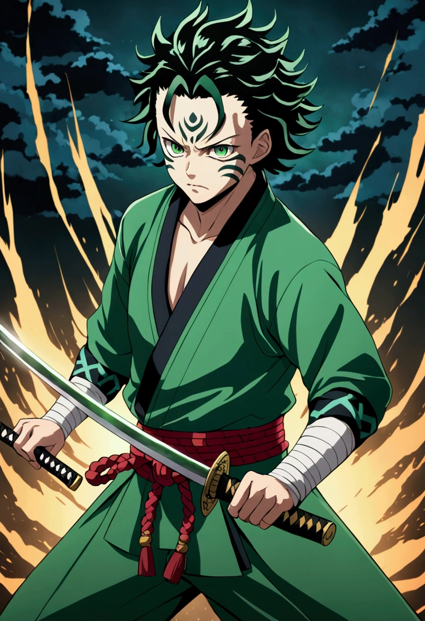 One guy, Kimetsu no Yaiba, katana, toxic breathing style, green clothes, green eyes, sword slash, green sword aura, night backround, fixed arms, detailed arms, detailed katana, human version, toxic aura swing, clip, anime scene, movement capture, mascular body, fighting scene, mad face