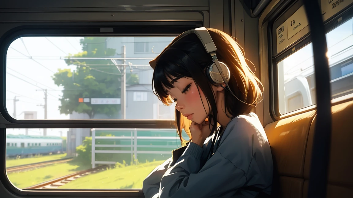 In the style of Makoto Shinkai's anime, a girl with headphones on, holding onto a train strap, sleeping peacefully. She has a serene expression on her face, with her head slightly tilted to the side. The background shows the inside of a Japanese train with typical seating and windows, beautifully detailed and vibrant. The image captures the girl's side profile with soft, warm lighting. The overall mood is calm and relaxed, highlighting the girl's peaceful sleep during her commute. --ar 9:16 --v 5