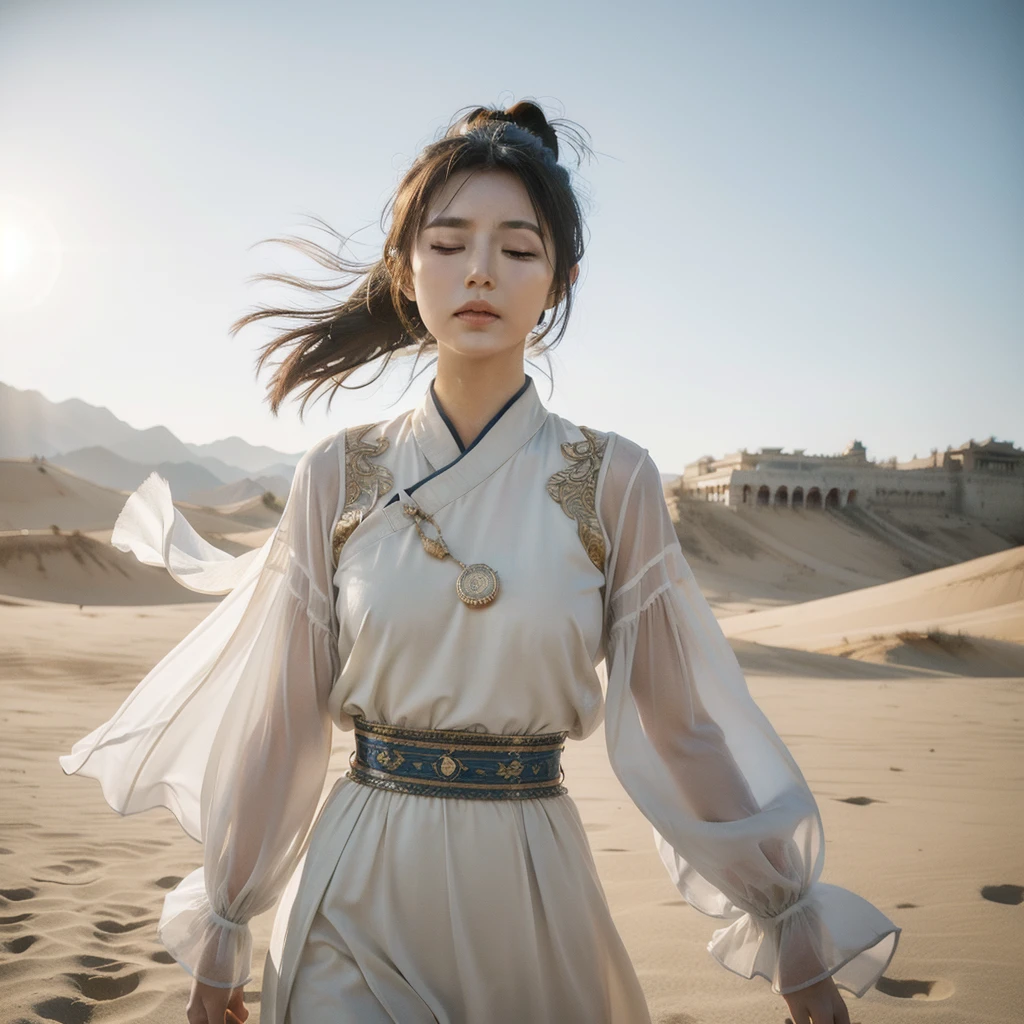 Dunhuang Flying Sky, Realistic, Vista, Intricate Details, Ultra Detailed, Natural Skin Texture, Surrealism, Sharp, 1 Girl, Hair Bundle, Bun, Model in Dunhuang Costume, Clothes with Four Very Thin Delicate Streamers, Fairy, White Mist, Golden Light, Outdoors, Delicate Facial Details, Style Influenced by Ancient Chinese Art, Elegant Balance, Desert, Dunhuang, Elaborate Landscape, Global Illumination, Zhang Yimou - AR 16:9 - Q 2 - V 5.1, (strong wind: 1.5), shunguang (sunlight on the body: 1.3), big red bukini