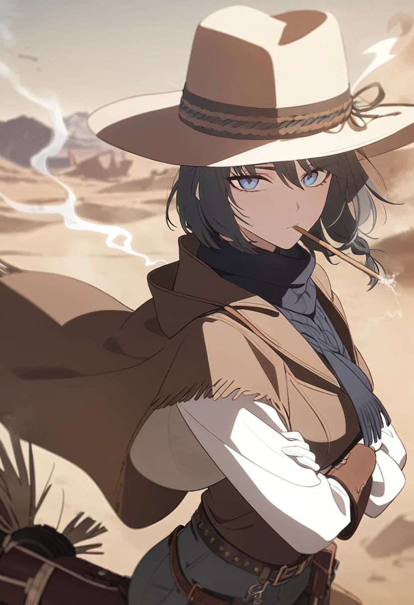 masterpiece,best quality,depth of field,8k,looking at the viewer,dark gray hair,blue eyes,light brown chaps,dark brown poncho,갈색 Ten gallon hat,brown leather jumper,western frontier,badlands,tumbleweed rolling around,sandstorm,smoking,chic,wseifuku,male,There&#39;s dirt on your face,sky,There are light dark circles under the eyes,alone,male