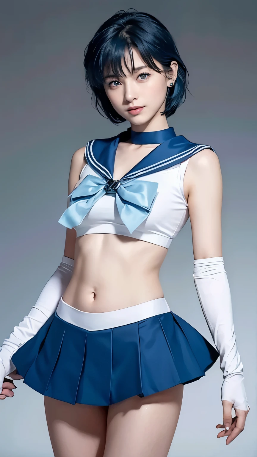 masterpiece、high quality、High resolution、Realistic、professional lighting、Japanese、woman、cute、young、White skin、slender、,(Blue Hair:1.3), short hair,  (Nice hands, sexy, slim, Large Breasts, skinny, Tight waist, Human Anatomy:1.1)blue eyes, Sailor Warrior Uniforms, Blue sailor collar, bow, Knee Boots, choker, (White gloves:1.3), blue choker, (elbow gloves:1.3), jewelry, Earrings, Blue Skirt,open arms、standing on one leg、Belly button exposed、smile、whole body、White background