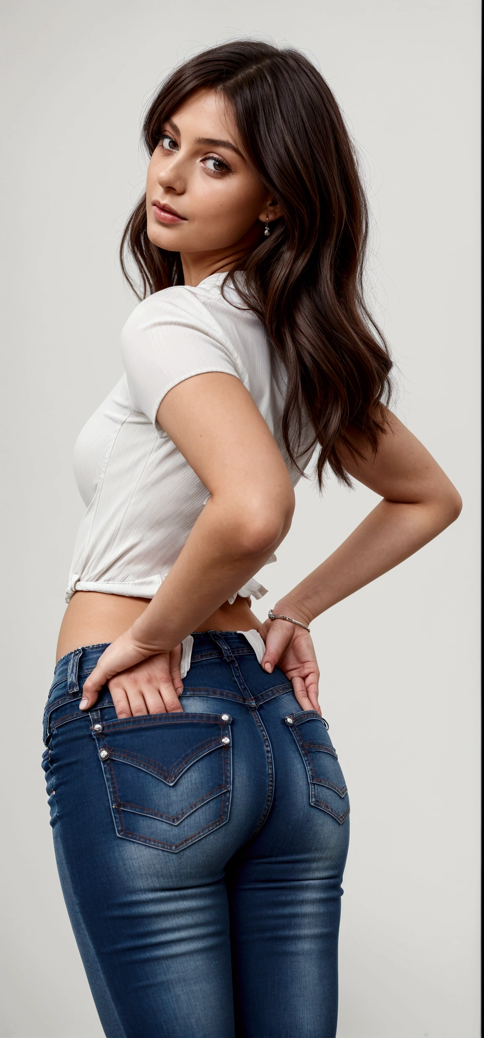 a woman in a white blouse and jeans posing for a photo, thin girl photo model, waist - shot, coast pose, Waist slender, hand on hips, Waist slender e quadris grossos, shot from the middle of the waist up, lower back of a beautiful woman, Waist slender, arms behind the back, wearing pants, woman is curved, hand on hip, thin girl photo