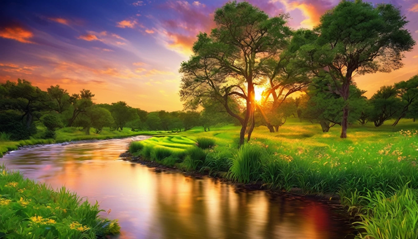 a beautiful sunset scene with a stream and trees, nature wallpaper, nature scenery, Beautiful wallpaper, beautiful backgrounds, peaceful landscape, stunning nature in the background, very very beautiful scenery, wallpaper hd, amazing wallpaper, a beautiful landscape, natural landscape, beautiful landscape, beautifully lit landscape, beautiful serene landscape, scenery wallpaper, landscape wallpaper, majestic nature scenery, Really beautiful nature