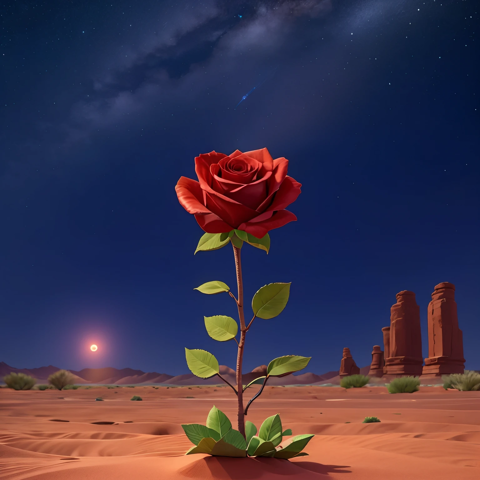 midnight、A red rose blooming in the desert、(unmanned)