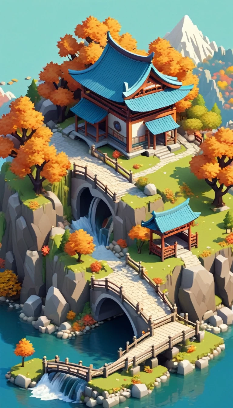 Dreamlike scenery，(Mountains、Fall:1.6)，Around the mountain road，Ancient bridge，pavilion，river，Small boat，small village，Isometric Art, 3D Isometric, Isometric pixel art，Simple background，MG_ip