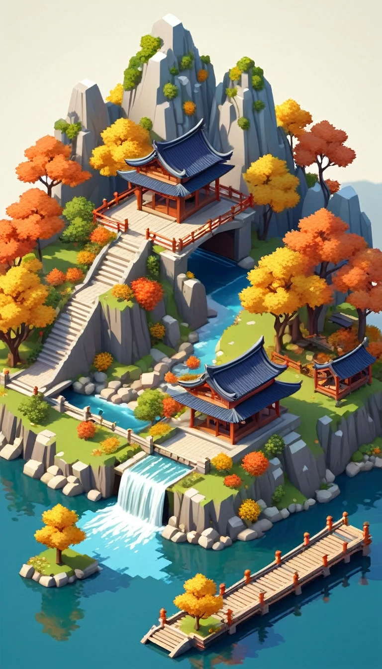 Dreamlike scenery,(Mountains、Fall:1.6),Around the mountain road,Ancient bridge,pavilion,river,Small boat,small village,Isometric Art, 3D Isometric, Isometric pixel art,Simple background,MG_ip