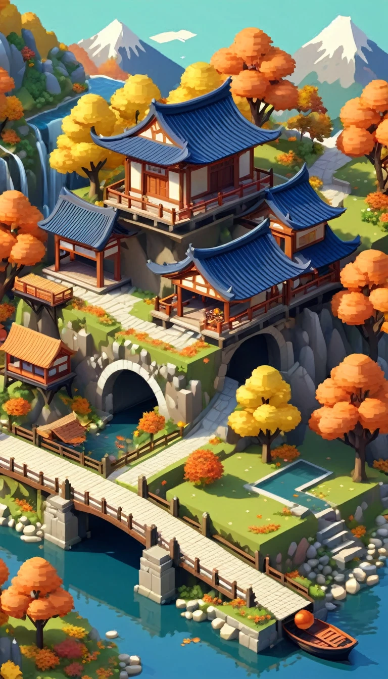 Dreamlike scenery,(Mountains、Fall:1.6),Around the mountain road,Ancient bridge,pavilion,river,Small boat,small village,Isometric Art, 3D Isometric, Isometric pixel art,Simple background,MG_ip