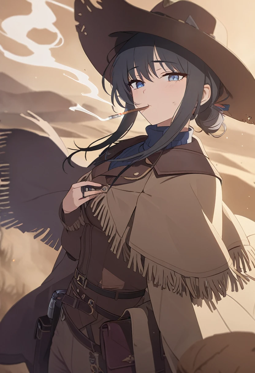masterpiece,best quality,depth of field,8k,looking at the viewer,dark gray hair,blue eyes,light brown chaps,dark brown poncho,갈색 Ten gallon hat,brown leather jumper,western frontier,badlands,tumbleweed rolling around,sandstorm,smoking,chic,wseifuku,male,There's dirt on your face,sky,There are light dark circles under the eyes,alone,male,with arms crossed
