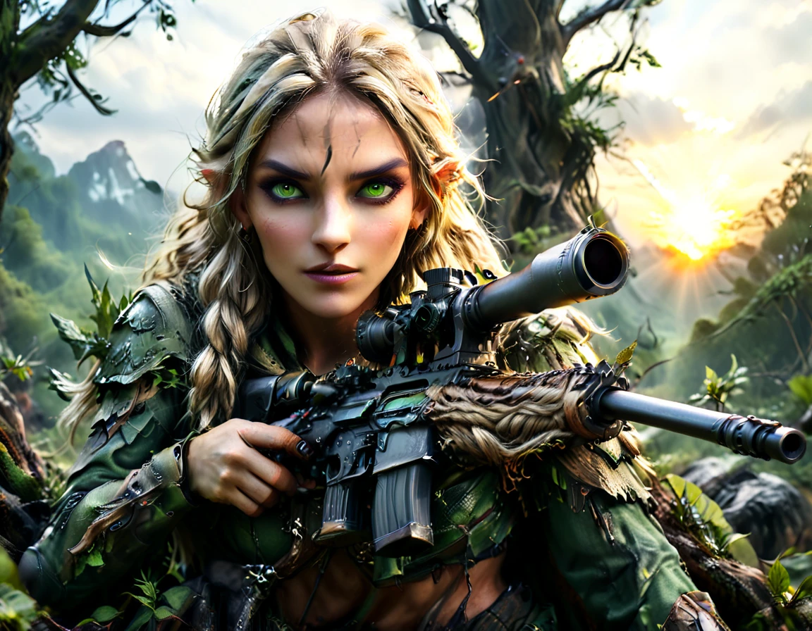 (masterpiece, high resolution, photo-realistic:1.4), (blonde-haired Viking warrior:1.3), (fierce green eyes shining brightly:1.3), (covered in mud and dust from the battlefield:1.2), (confronting the enemy:1.2), (bloodstains on her face and body:1.2), (mesmerizing green eye stands out amidst the chaos:1.2), (clad in battle-worn armor and shield:1.2), (beautifully braided blonde hair:1.2), (resolute and unwavering expression:1.2), (perfectly sculpted and slender physique:1.3), (battlefield strewn with fallen foes:1.2), (scattered weapons and debris:1.1), (thick fog and smoke from clashes:1.1), (sunlight piercing through the haze:1.2), (intense and heart-pounding atmosphere:1.2), (embodying the spirit of a valiant Viking:1.1).