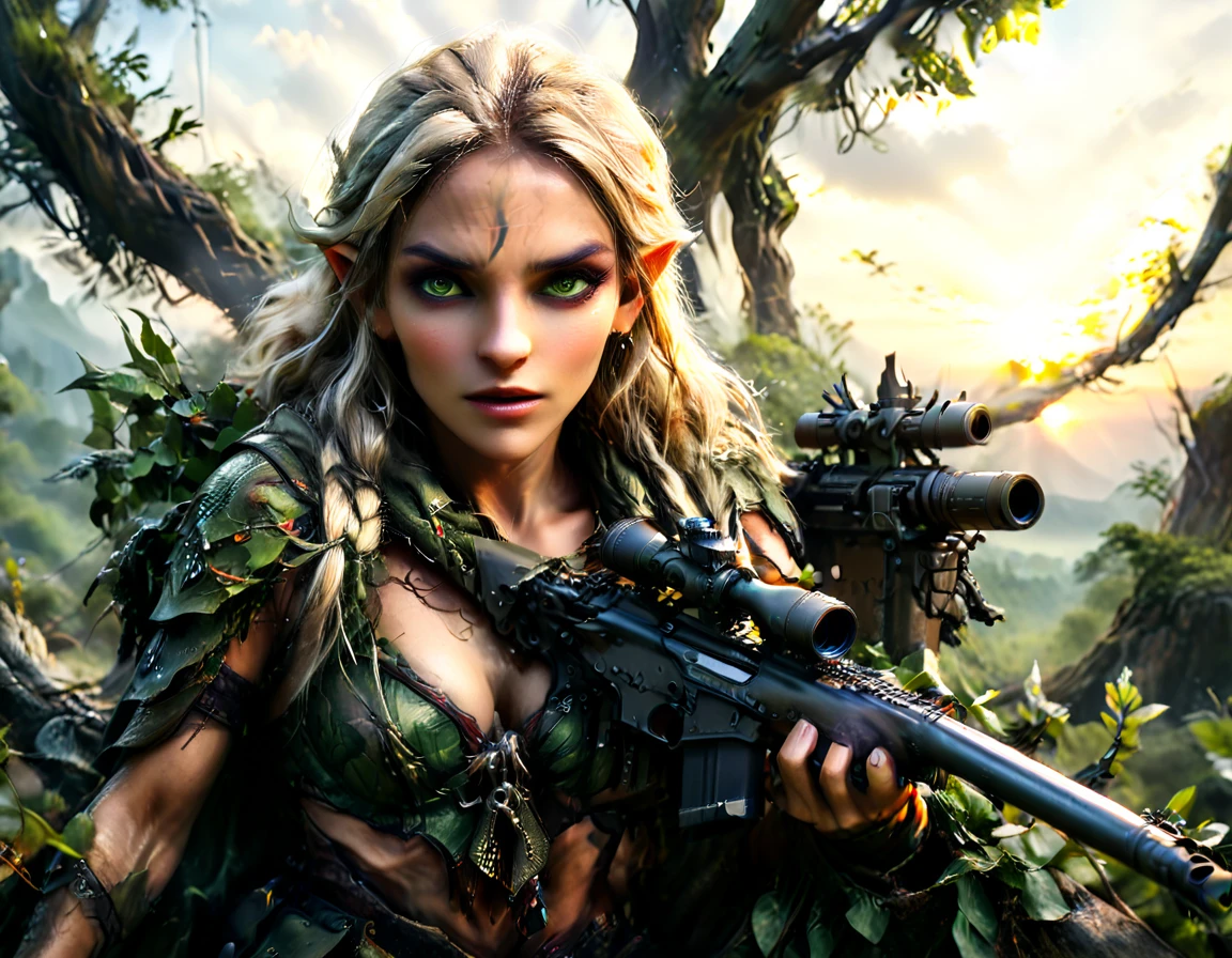 a portrait picture of a 1single female elf sniper, lying on a tree branch aiming a sniper rifle, an exotic beautiful elf sniper, blond hair, braided hair, intense green eyes, ultra detailed face, small pointed ears, forest camouflage cloths, on top of a epic fantasy tree, aiming a Barret M82, fantasy fores background, its sunset, sun rays, some clouds,  (full body shot: 1.1) , vibrant, Ultra-high resolution, High Contrast, (masterpiece:1.5), highest quality, Best aesthetics), best details, best quality, highres, ultra wide angle, 16k, [ultra detailed], masterpiece, best quality, (extremely detailed) Sniper Rifle, Intense gaze
