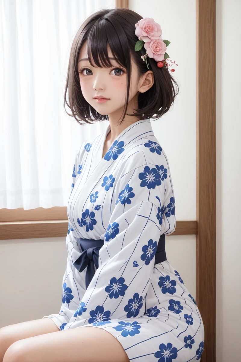 score_9,score_8_superior,score_7_superior,8k, High resolution, 5 years old、beautiful girl, bright black hair, Thin Hair, Small face, cute、Highest quality,Japanese face、small mole on the corner of the eye,((Puffy eyes))、(superior目づかい)、Short Bob、Riverbank、口角superiorがる、Beautiful legs、Flower Hair Ornaments、sexy、Sensual、Blushing、A yukata with a white background and bright red, blue and black floral patterns scattered throughout