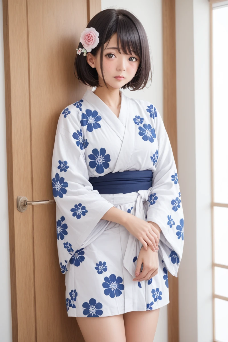 score_9,score_8_superior,score_7_superior,8k, High resolution, 5 years old、beautiful girl, bright black hair, Thin Hair, Small face, cute、Highest quality,Japanese face、small mole on the corner of the eye,((Puffy eyes))、(superior目づかい)、Short Bob、Riverbank、口角superiorがる、Beautiful legs、Flower Hair Ornaments、sexy、Sensual、Blushing、A yukata with a white background and bright red, blue and black floral patterns scattered throughout