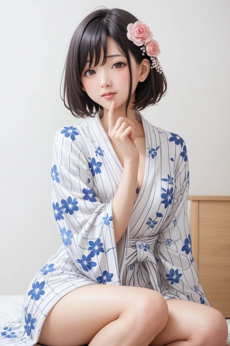 score_9,score_8_superior,score_7_superior,8k, High resolution, 、beautiful girl, bright black hair, Thin Hair, Small face, cute、Highest quality,Japanese face、small mole on the corner of the eye,((Puffy eyes))、(superior目づかい)、Short Bob、Riverbank、口角superiorがる、Beautiful legs、Flower Hair Ornaments、sexy、Sensual、Blushing、A yukata with a white background and bright red, blue and black floral patterns scattered throughout