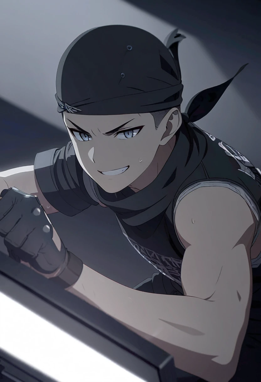 ((Work of art, extremely detailed, looking at screen, dark lighting)), 1 man, buzzcut hair, wearing black bandana, bandana details, smiling, serious look, in fighting pose, extremely strong body, wearing jacket open black sleeveless, wide black pants, black background backdrop.