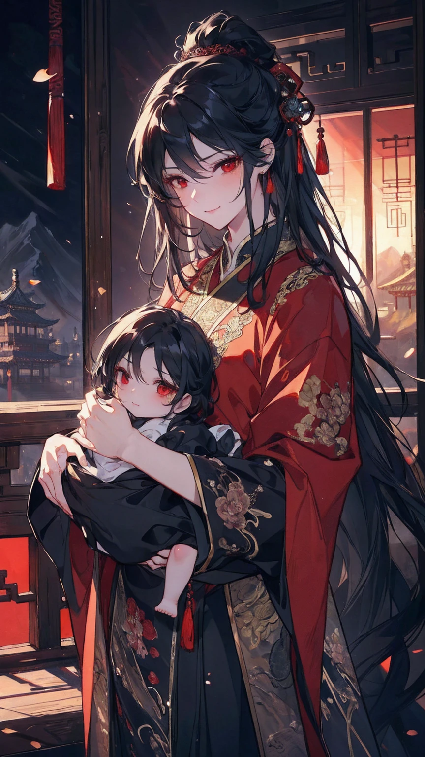 (extremely detailed 8K wallpaper),(ultra-detailed),(best quality),(masterpiece),(highly detailed),(cinematic lighting),(Original),Cold ligh,moody,(Chinese elaborate-style painting ),ink style, black hair, red eyes, sweet smile, sad face, holding her little baby