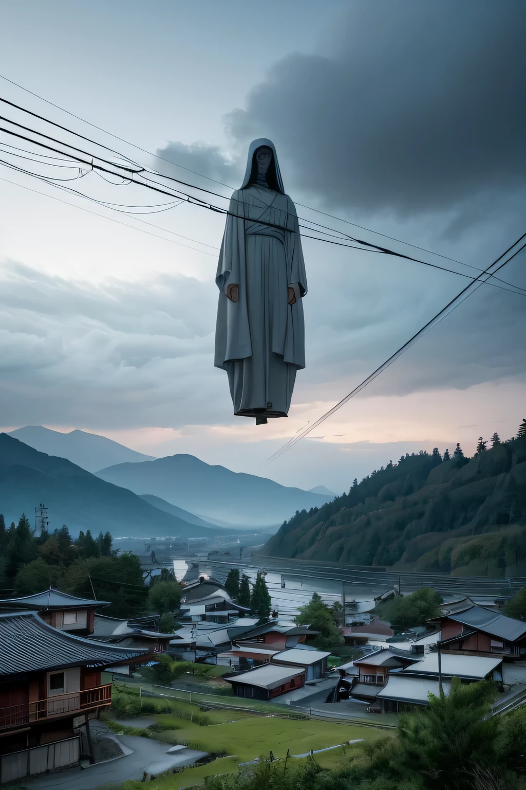 A surreal scene featuring a giant, pale, expressionless humanoid head floating above a small rural town with traditional Japanese houses. The sky is overcast, adding a mysterious and eerie atmosphere to the setting. The surrounding landscape includes power lines, trees, and distant mountains, creating a stark contrast between the ordinary town and the surreal floating head.