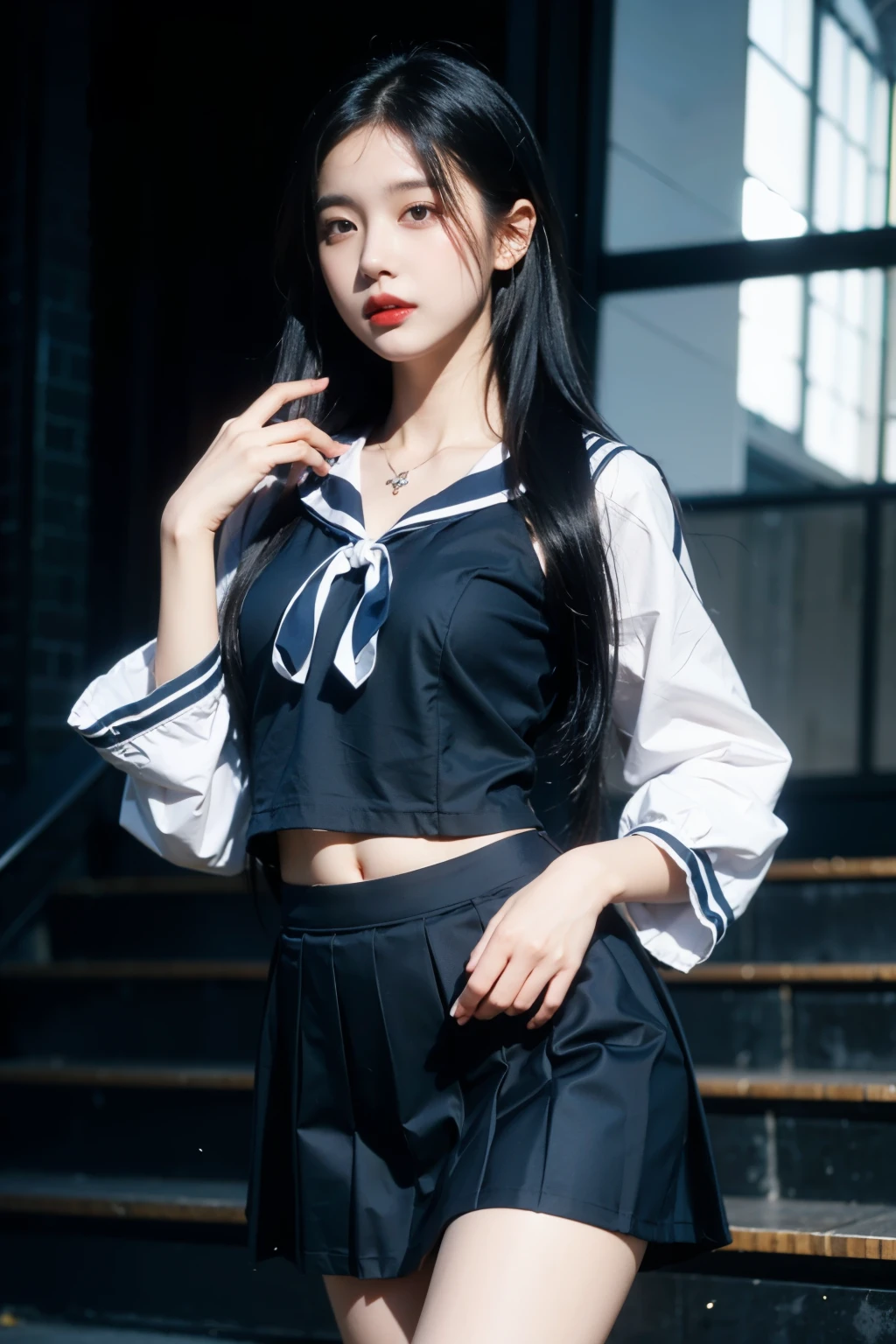 ((Highest quality)), ((masterpiece)), (detailed), One girl, glamorous、Black Hair、long hair、tie、whole body、Black Hair、Straight Hair、Sailor suit、Navy blue outfit、Buttocks hide、skirt