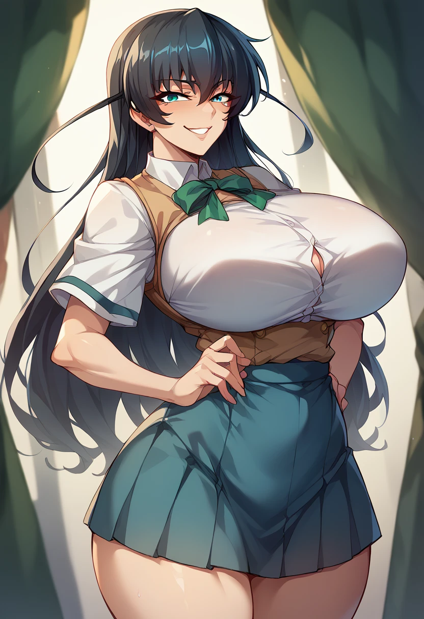 Igawa Asagi、Black Hair、Long Hair、Green Eyes、Super huge breasts、、、smile、high school student、Narrow waist、uniform、Standing posture、whole body、Big Ass、Hotel