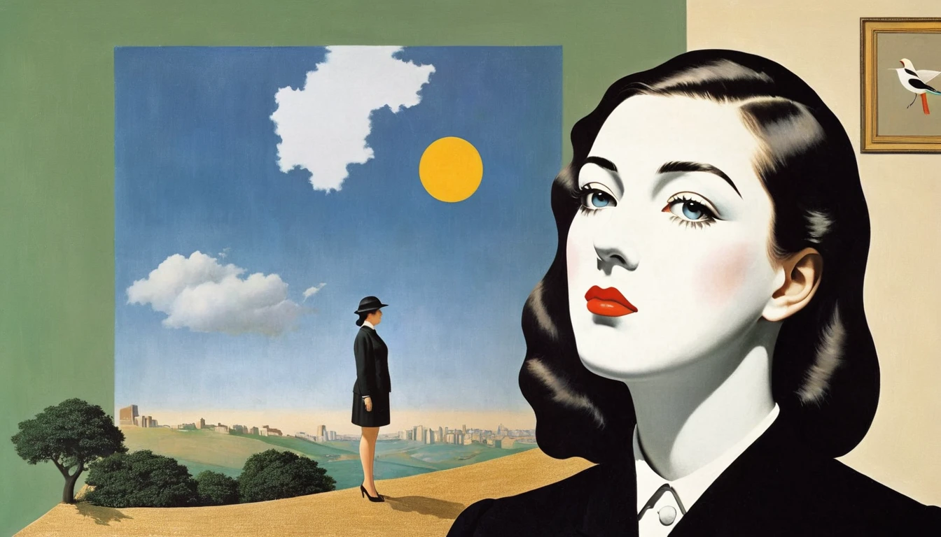 rene magritte，Multi-layer collage，有一张女人脸的拼贴paintingpainting，There are many different things on the face，Geometric Dislocation，拼贴painting，Artistic sense，，painting，simple，